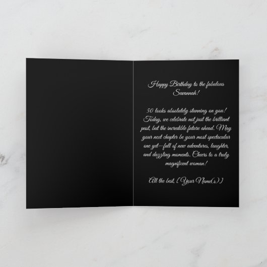 Glamorous Black Gemstone White Rose 50th Birthday カード (内部)