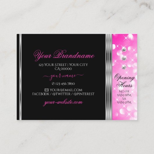 Glamorous Black Girly Pink Glitter Diamonds Silver 名刺 (裏面)