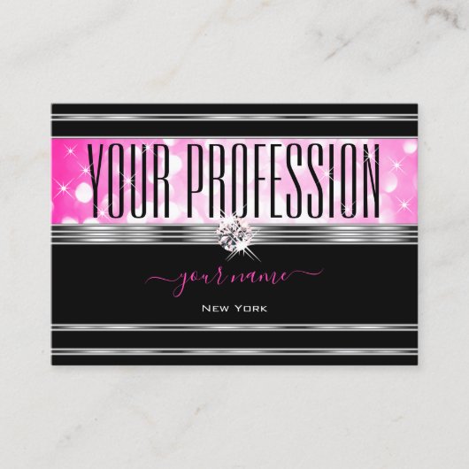 Glamorous Black Girly Pink Glitter Diamonds Silver 名刺 (正面)