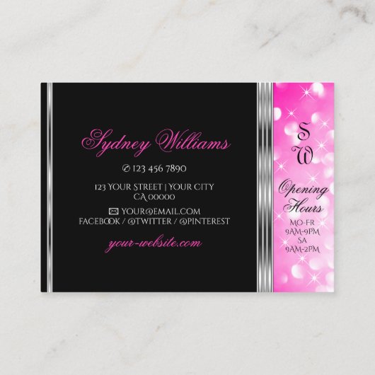 Glamorous Black Girly Pink Glitter Initials Silver 名刺 (裏面)