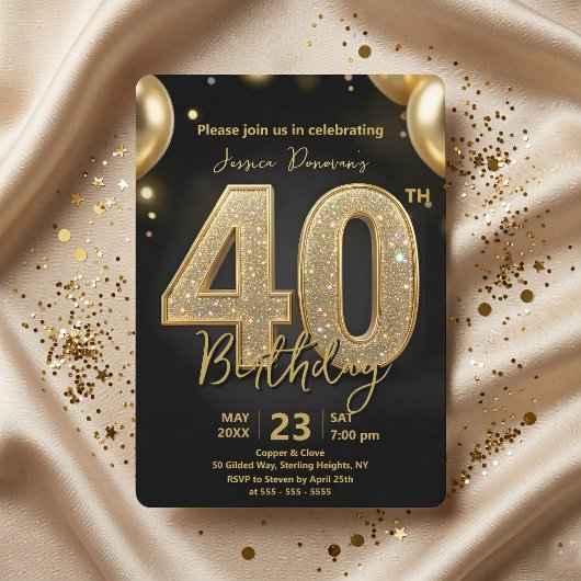 Glamorous Black Gold Glitter 40th Birthday Party 招待状