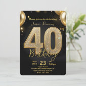Glamorous Black Gold Glitter 40th Birthday Party 招待状 (スタンド正面)