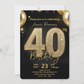 Glamorous Black Gold Glitter 40th Birthday Party 招待状 (正面)