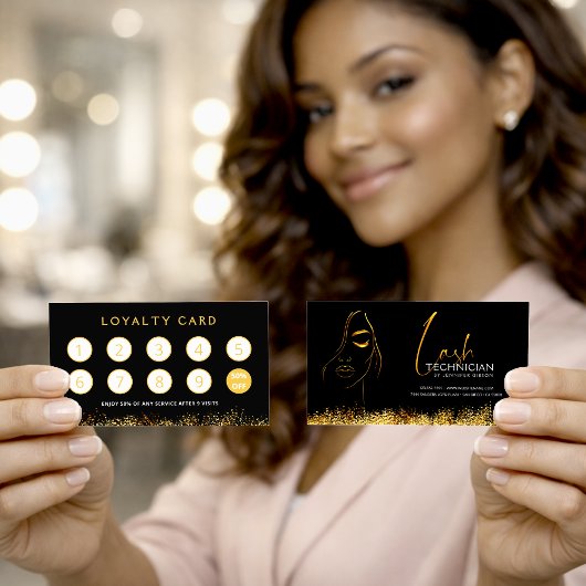 Glamorous Black & Gold Lash Tech Loyalty Card ロイヤリティカード