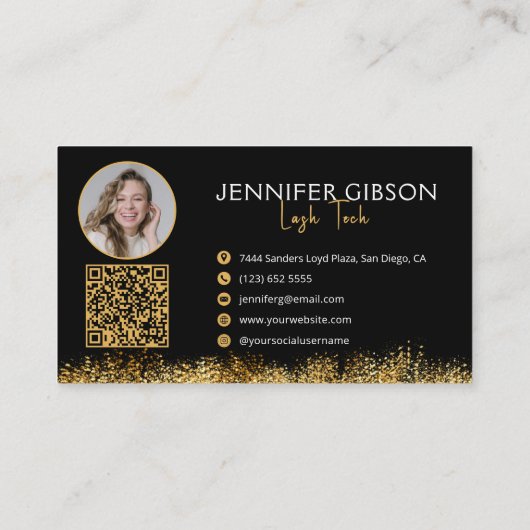 Glamorous Black & Gold Lash Tech QR Code  名刺 (裏面)