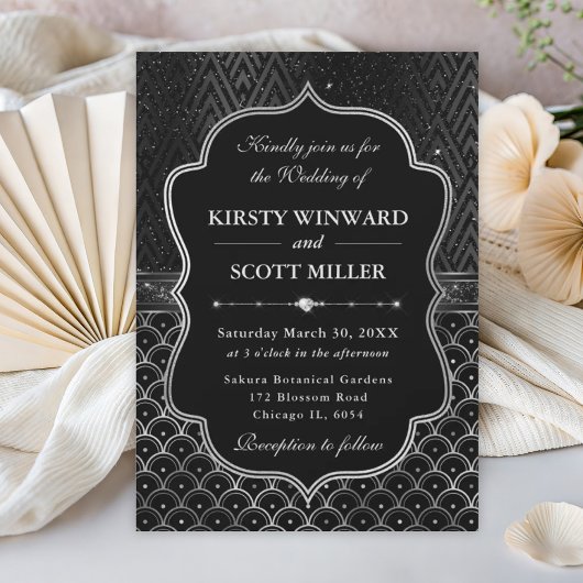 Glamorous Black Silver Art Deco Wedding 招待状