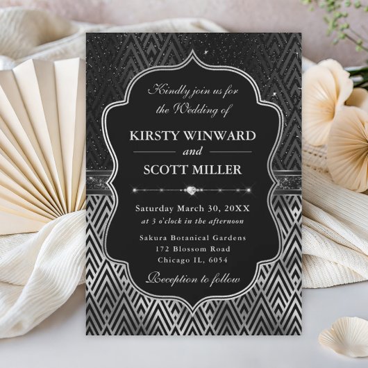 Glamorous Black Silver Art Deco Wedding 招待状