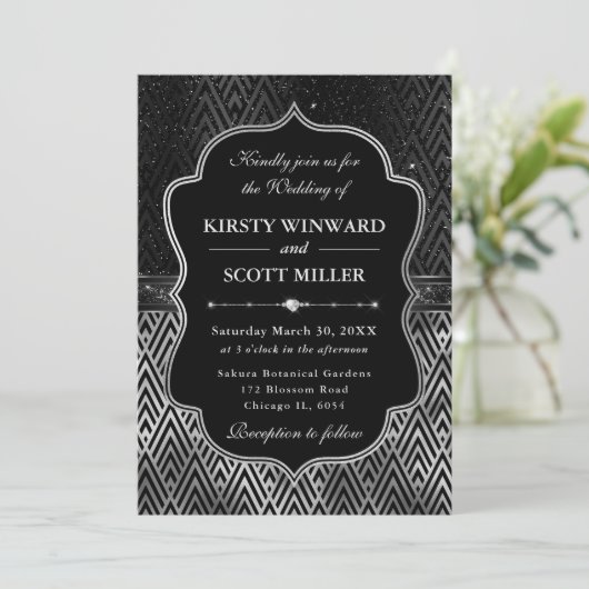 Glamorous Black Silver Art Deco Wedding 招待状 (スタンド正面)