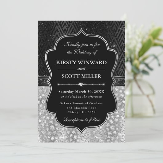 Glamorous Black Silver Leopard Spots Wedding 招待状 (スタンド正面)