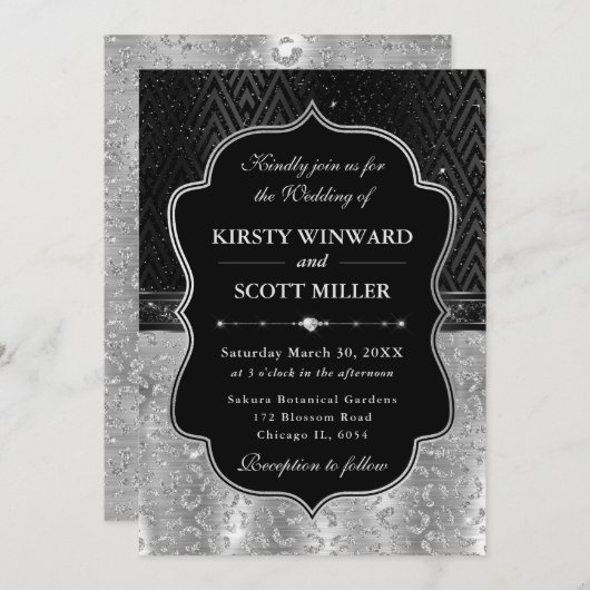Glamorous Black Silver Leopard Spots Wedding 招待状 (正面/裏面)