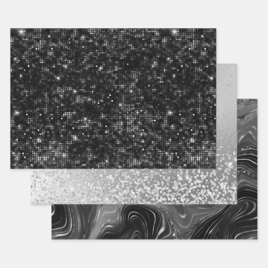 Glamorous Black & Silver Sparkling Patterns ラッピングペーパーシート (セット)