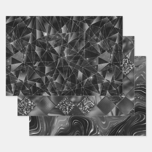 Glamorous Black & Silver Sparkling Patterns ラッピングペーパーシート (セット)