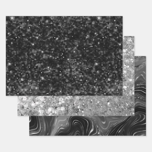 Glamorous Black & Silver Sparkling Patterns ラッピングペーパーシート (セット)