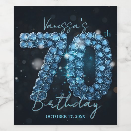Glamorous Blue Sapphire Gem 70th Birthday ワインラベル (シングルラベル)