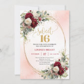 Glamorous Boho Burgundy Gold Floral Sweet Sixteen 招待状 (正面)