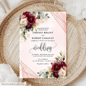 Glamorous Boho Deep Red Gold Blush Roses Wedding  招待状
