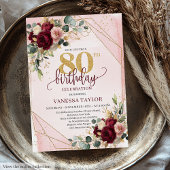 Glamorous boho marsala gold flowers 80th birthday  招待状