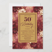 Glamorous burgundy blush gold roses 50th birthday  招待状 (正面)