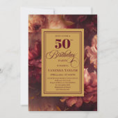 Glamorous burgundy blush gold roses 50th birthday  招待状 (正面)