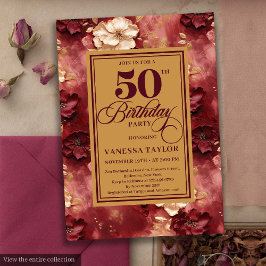 Glamorous burgundy blush gold roses 50th birthday  招待状