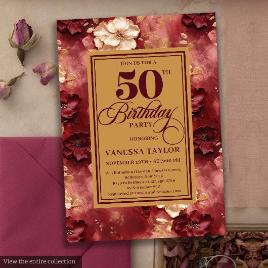 Glamorous burgundy blush gold roses 50th birthday  招待状
