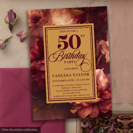 Glamorous burgundy blush gold roses 50th birthday  招待状