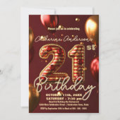 Glamorous Burgundy Red Gold Balloon 21st Birthday 招待状 (正面)