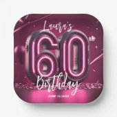 Glamorous Chic Hot Pink Neon 60th Birthday Party ペーパープレート (正面)