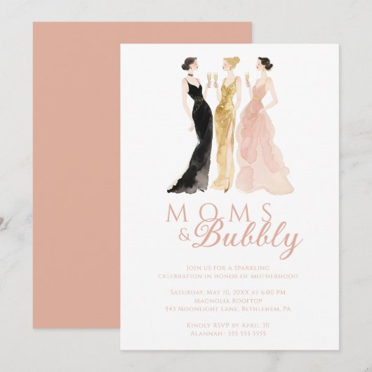 Glamorous Chic Pink Moms & Bubbly Brunch TMF26 招待状 (正面/裏面)