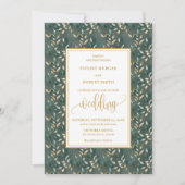 Glamorous Dark Green Gold Leaves Wedding Invites 招待状 (正面)