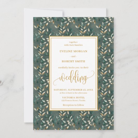 Glamorous Dark Green Gold Leaves Wedding Invites 招待状 (正面)