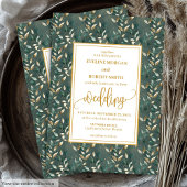 Glamorous Dark Green Gold Leaves Wedding Invites 招待状
