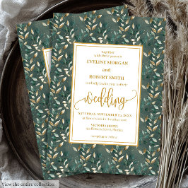 Glamorous Dark Green Gold Leaves Wedding Invites 招待状