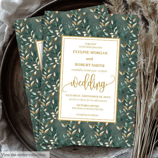 Glamorous Dark Green Gold Leaves Wedding Invites 招待状