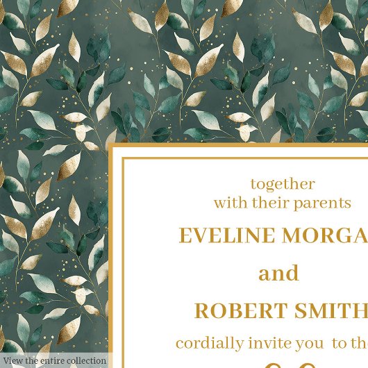 Glamorous Dark Green Gold Leaves Wedding Invites 招待状