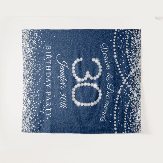 Glamorous Denim & Diamonds 30th Birthday Backdrop タペストリー (正面(横))
