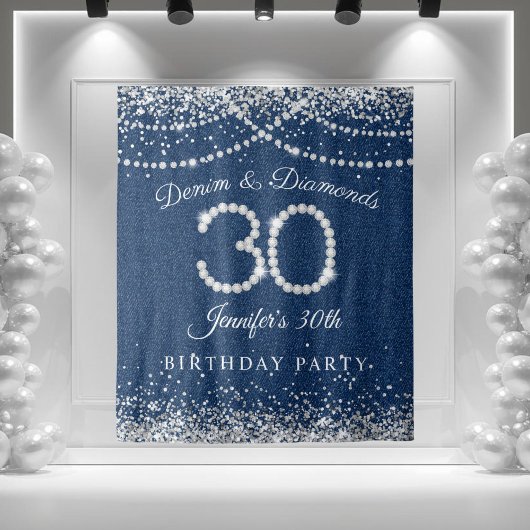 Glamorous Denim & Diamonds 30th Birthday Backdrop タペストリー