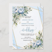 Glamorous Dusty Blue Gold Floral Wedding Invite 招待状 (正面)
