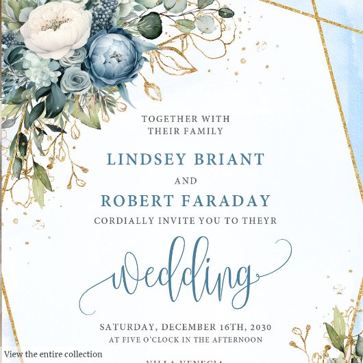 Glamorous Dusty Blue Gold Floral Wedding Invite 招待状