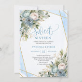 Glamorous Dusty Blue White Peonies Sweet 16 Invite 招待状 (正面)