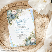 Glamorous Dusty Blue White Peonies Sweet 16 Invite 招待状