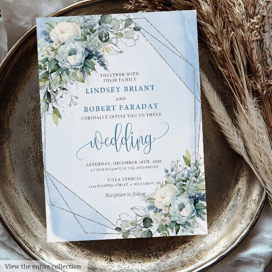 Glamorous Dusty Blue White Silver Peonies Wedding 招待状