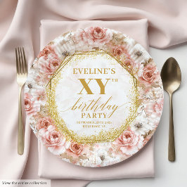 Glamorous Dusty Pink Floral Birthday Paper Plates ペーパープレート