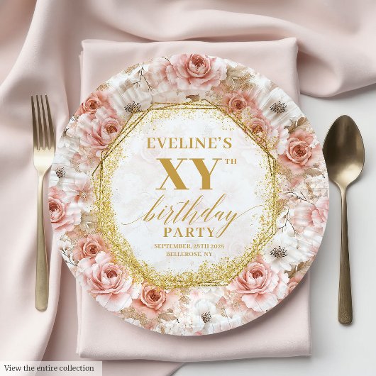 Glamorous Dusty Pink Floral Birthday Paper Plates ペーパープレート