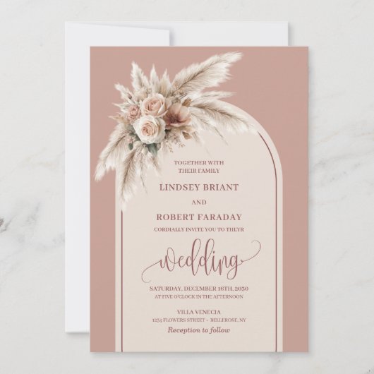 Glamorous Dusty Pink Pampas Arch Wedding Invites 招待状 (正面)
