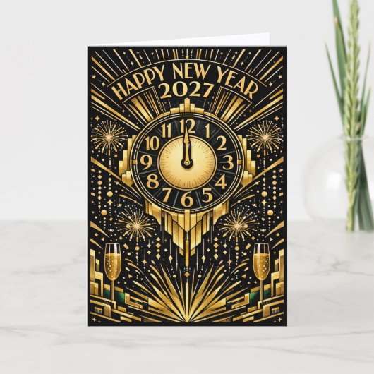 Glamorous Gold Art Deco Midnight New Year シーズンカード (正面)