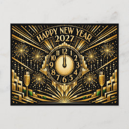 Glamorous Gold Art Deco Midnight New Year シーズンポストカード
