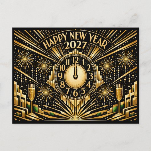 Glamorous Gold Art Deco Midnight New Year シーズンポストカード (正面)