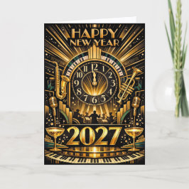 Glamorous Gold Art Deco New Year Jazz Celebration シーズンカード
