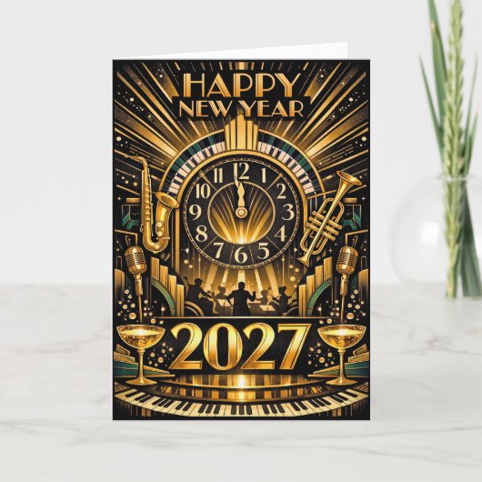 Glamorous Gold Art Deco New Year Jazz Celebration シーズンカード (正面)